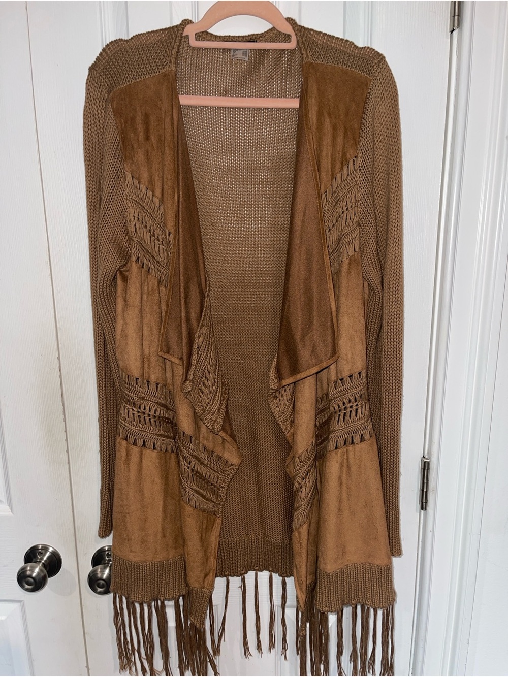 VENUS Brown Fringe Knit Open-Front Women's Sweater Cardigan Sz L SKU: 0929-60